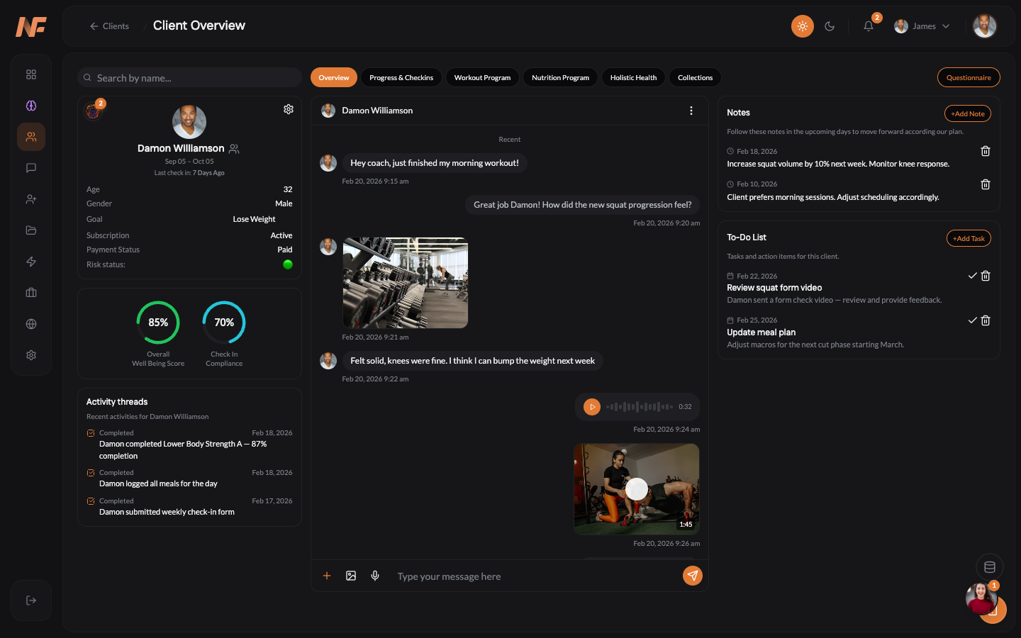 NOWFit client detail view with chat, notes, and overview