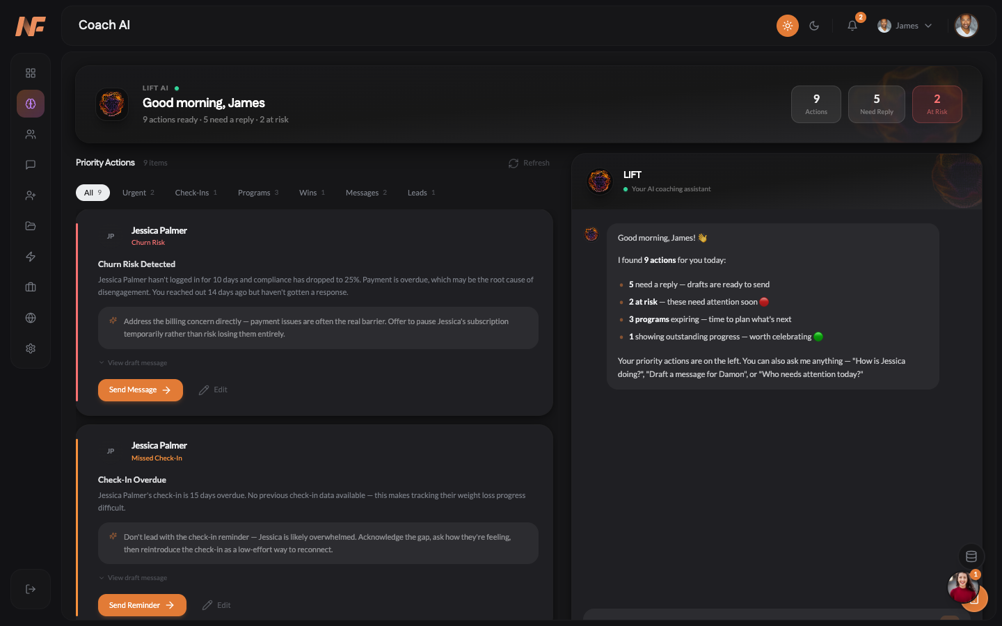 NOWFit LIFT AI coaching assistant dashboard with morning briefing and action items