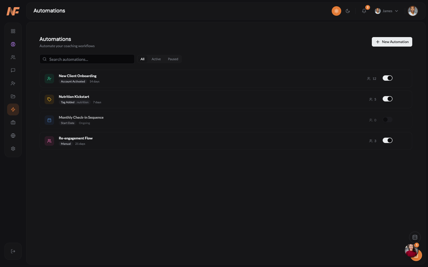 NOWFit automation workflow builder showing smart triggers and actions