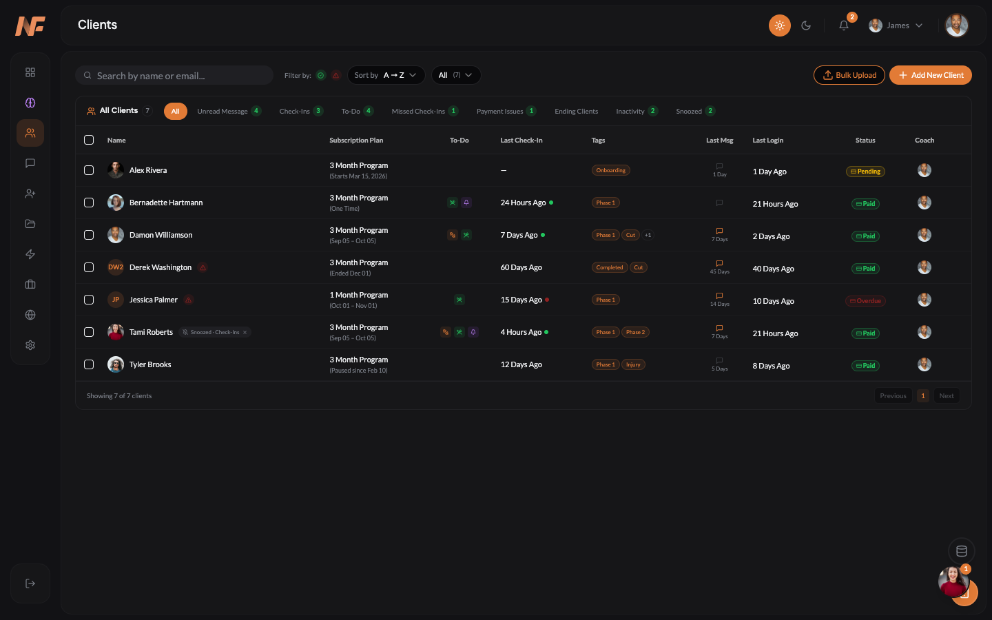 NOWFit client management hub with roster table and filtering