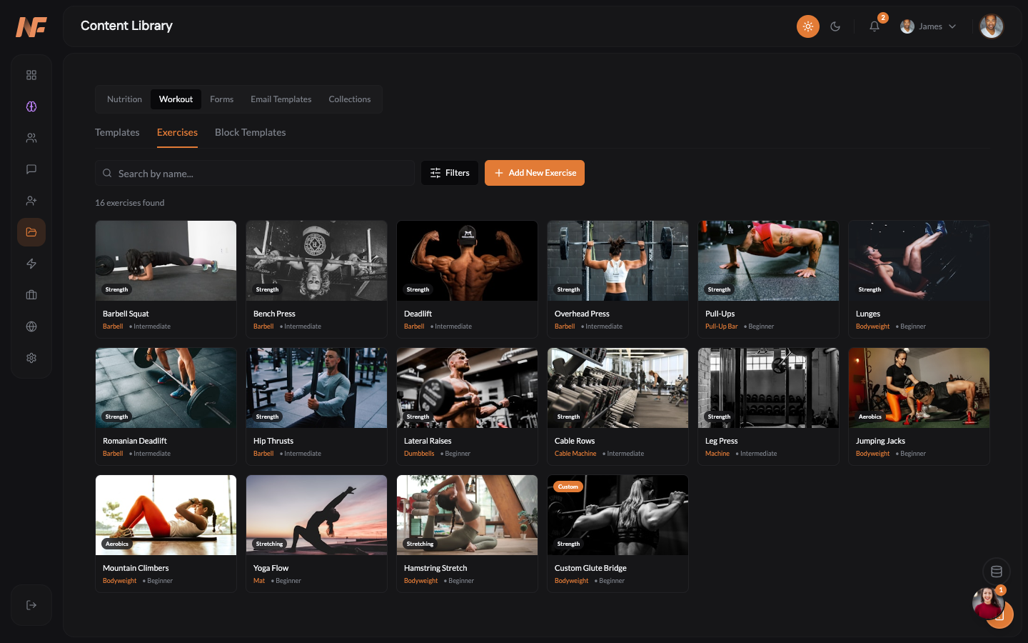 NOWFit exercise library with video demos and filtering