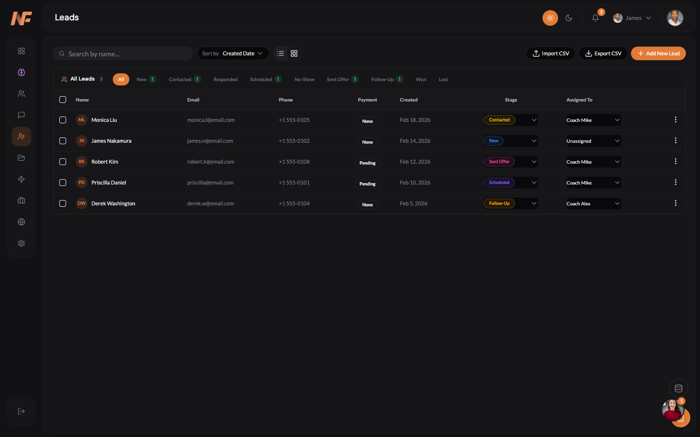 NOWFit lead pipeline with Kanban-style sales tracking