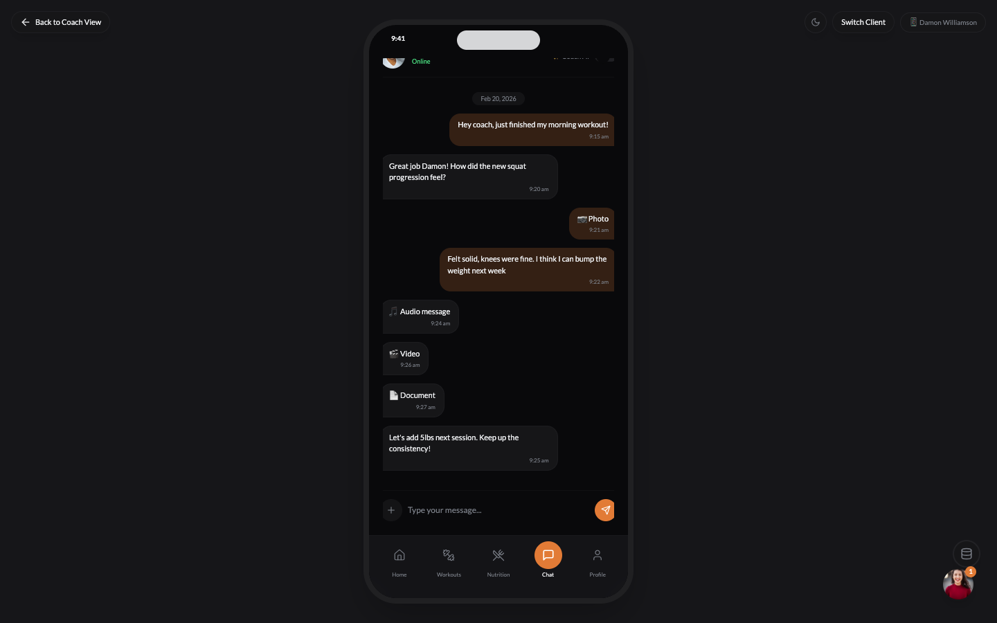 NOWFit client app in-app messaging with coach