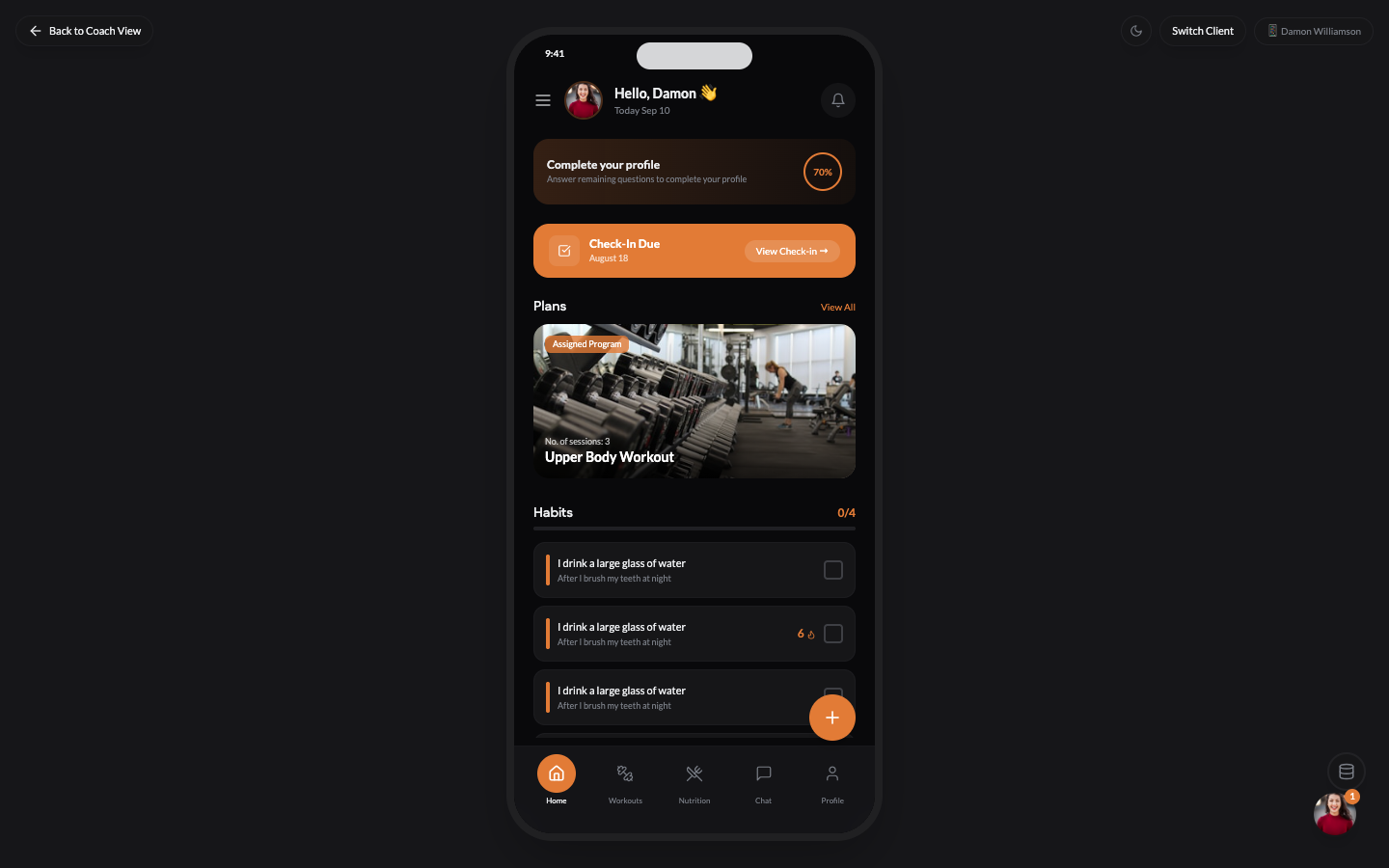 NOWFit client app home screen with habits and plans