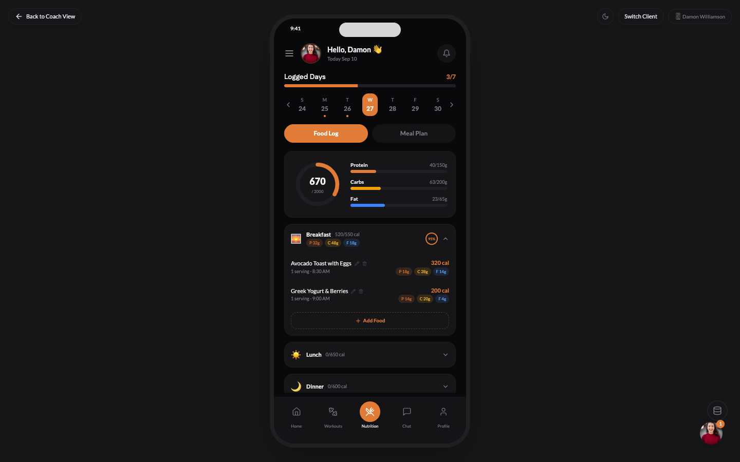 NOWFit client app nutrition food log with macro tracking