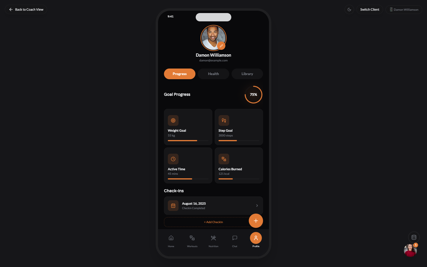 Client progress tracking with health scores