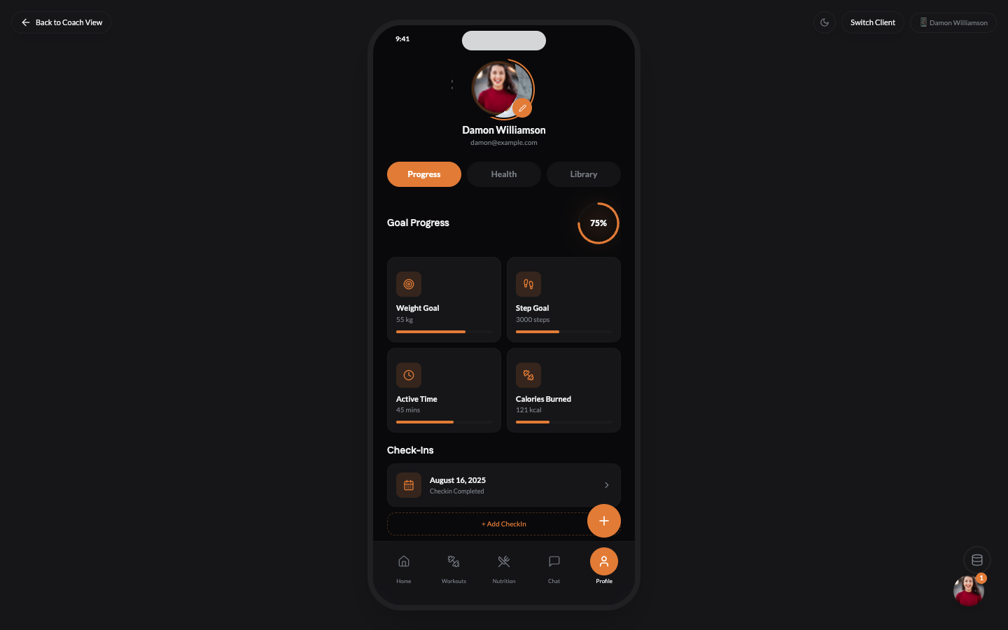 Client profile with goal progress tracking