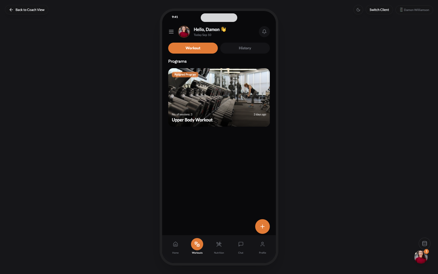 Client workout program with exercise tracking